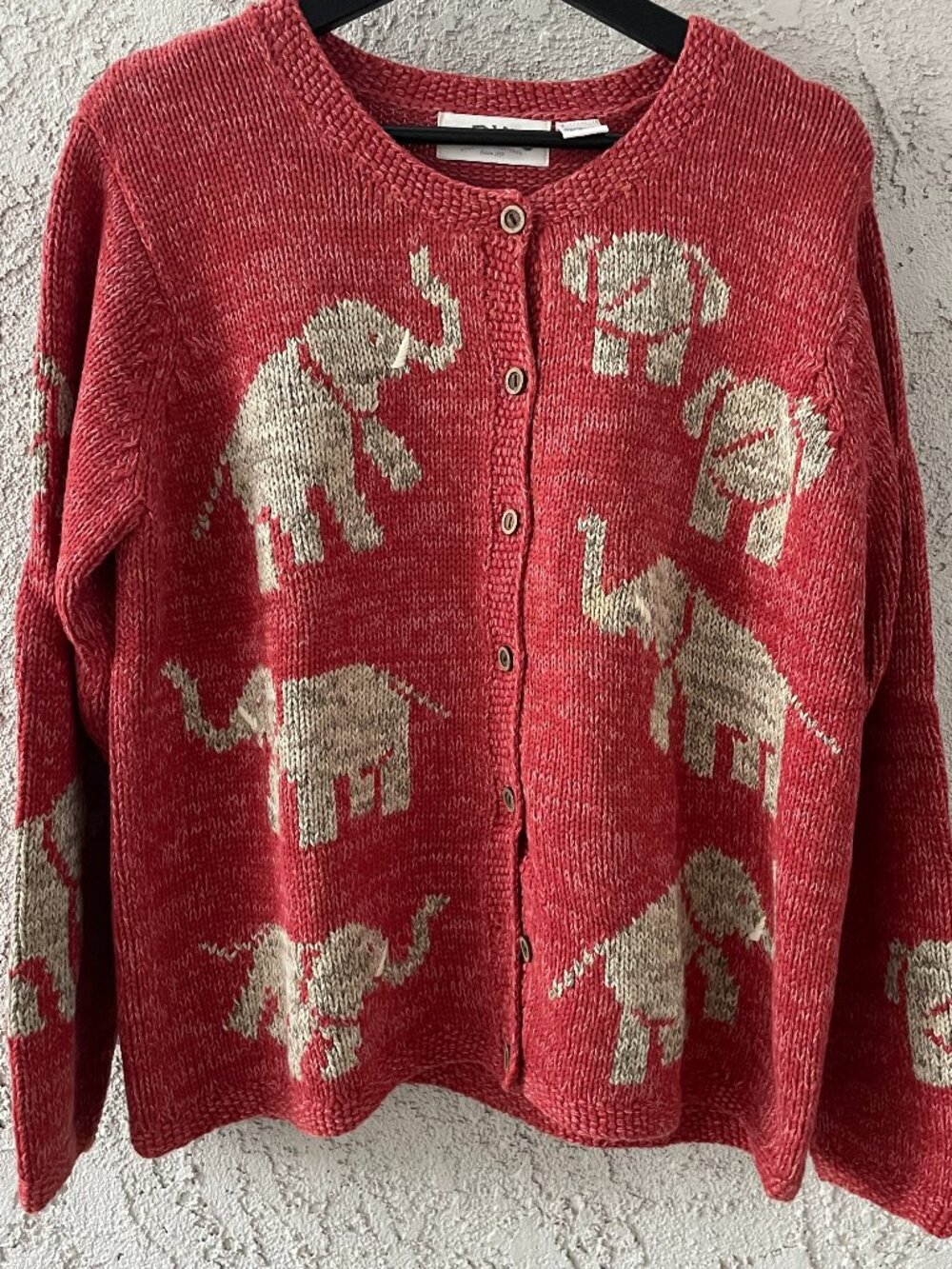 Orvis Red Elephant Cardigan Sweater Large Cotton 90s Vintage Novelty Grandmacore